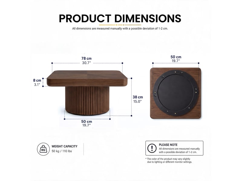 Table basse 78x78x38 cm coloris noyer avec piètement cylindrique cannelé  - Conforama C