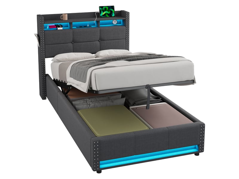  Lit coffre 90x200 cm gris foncé en tissu lin, led, ports usb et sommier inclus  - Conforama A