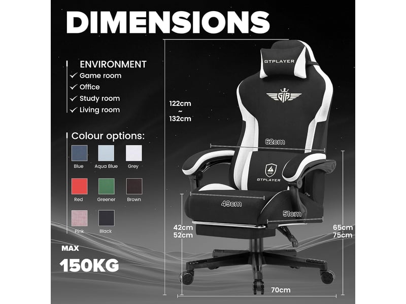  Gtplayer chaise gaming ergonomique avec soutien lombaire et dossier large - tissu noir GT831-BLK - Conforama C