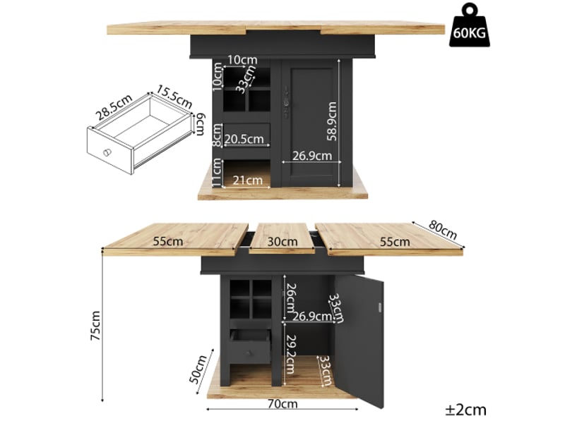 Table à manger extensible rectangulaire 110-140 x 80 cm, mdf, noir et bois naturel, avec casier à bouteilles - Conforama C