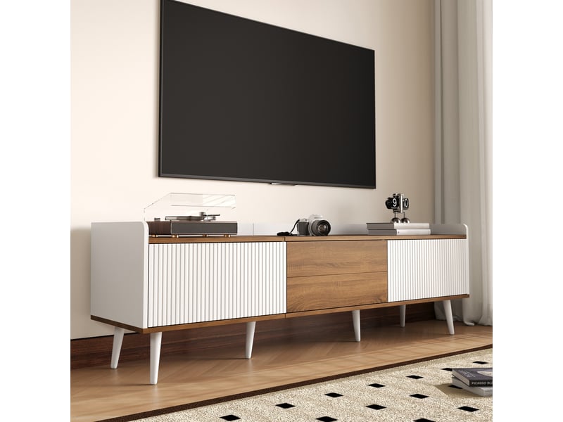  Meuble tv 160 cm avec 3 portes et bords surélevés - mdf et bois naturel - blanc et chêne  - Conforama D