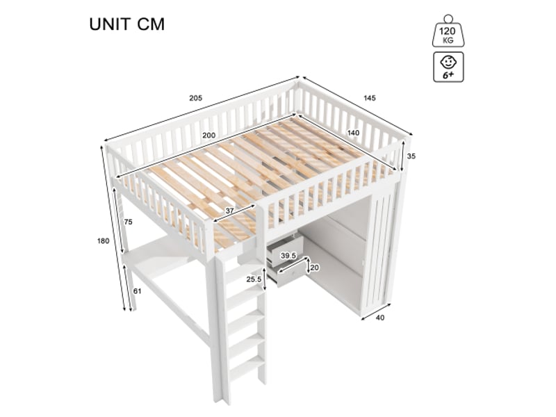  Lit mezzanine 140x200 cm coloris blanc pin lit enfant blanc - Conforama C