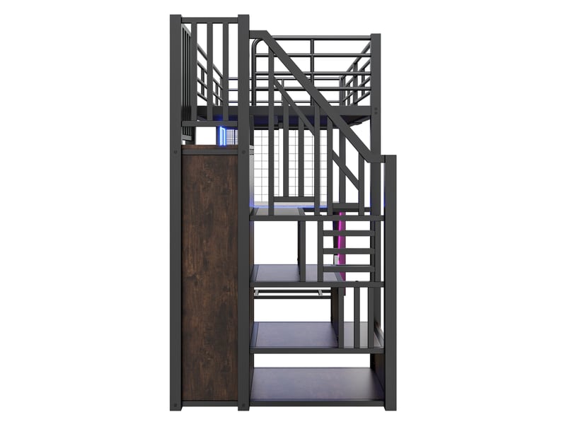 Lit mezzanine noir 90x200 cm avec led, bureau, armoire, étagères et échelle rangement - Conforama E