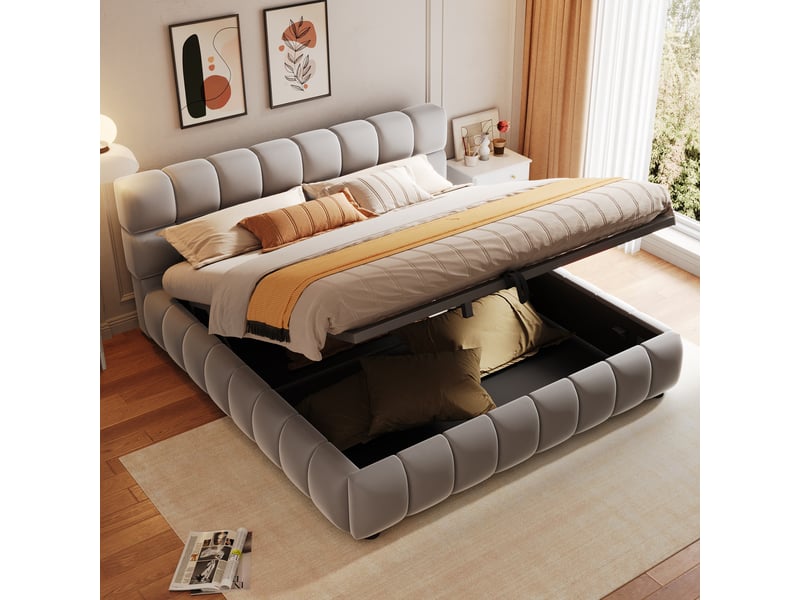  Lit coffre rembourré 140x200 cm avec rangement hydraulique, tête de lit épaisse, sommier à lattes, cadre enveloppant, velours - gris  - Conforama B