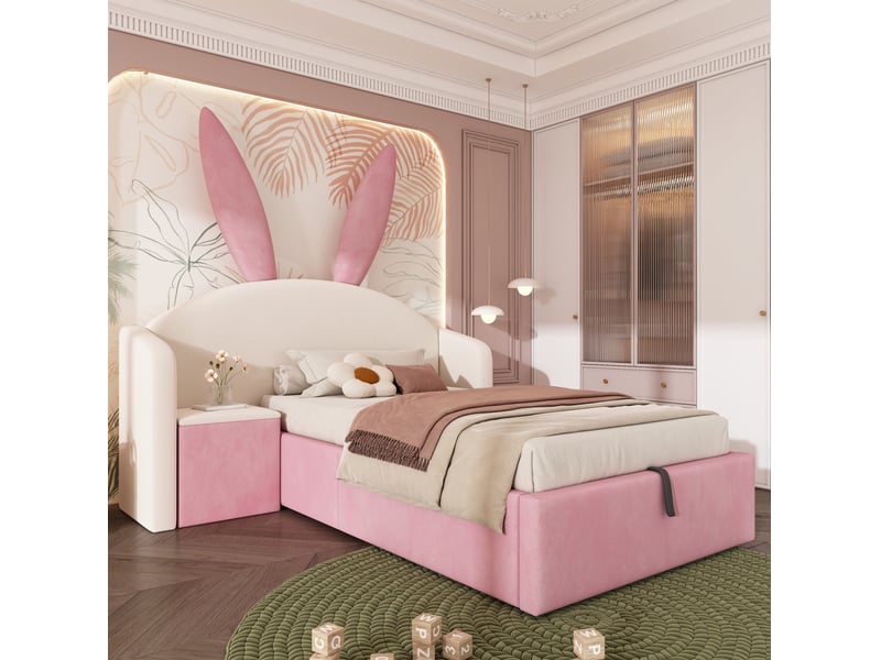  Modenvie lit enfant 90x200 cm - avec rangement hydraulique et table de chevet, sans matelas - beige et rose  - Conforama E