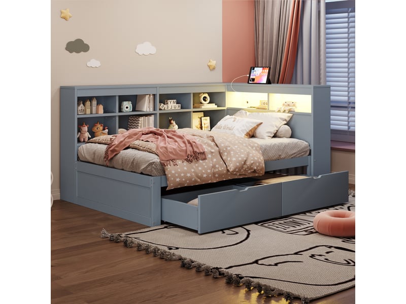 Lit coffre 90x200 cm avec rangements, led et usb, pin gris, sans matelas - Conforama W