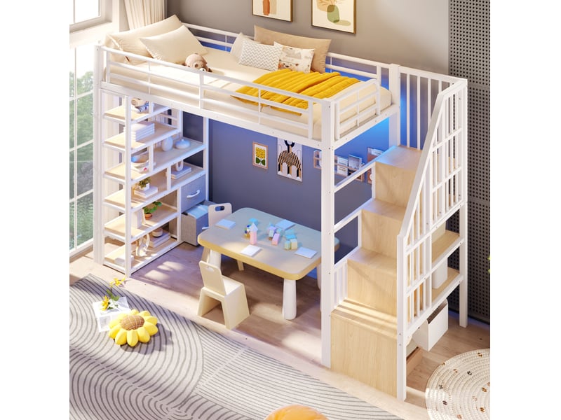  Lit mezzanine enfant 90x200 cm avec rangements et led blanc  - Conforama E