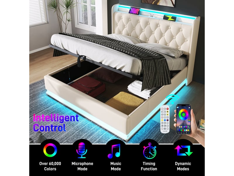 Lit coffre 140x190 cm, rangement hydraulique, éclairage led, usb et usb-c, tête de lit avec rangement pour chambre - blanc - Conforama D