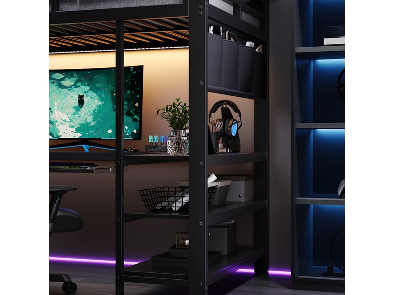Lit mezzanine 120 x 200 cm - avec prise de courant et lumière led - avec bureau , plateau pour clavier et escaliers - noir (matelas non inclus) - Conforama R
