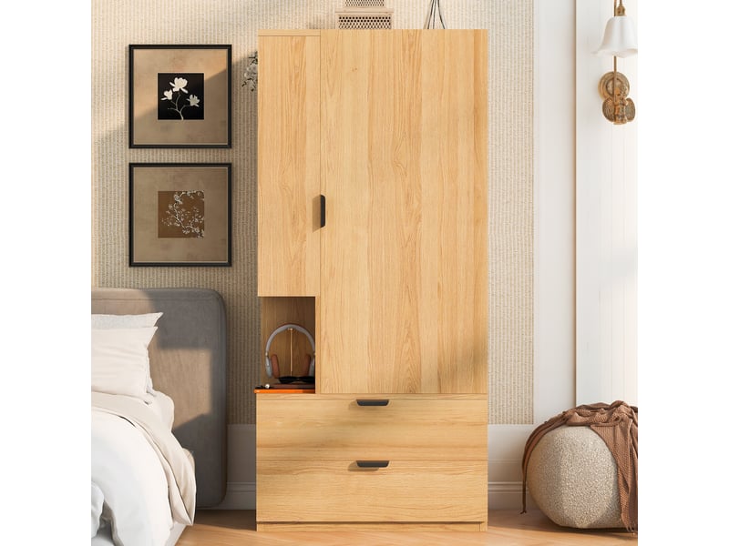  Armoire penderie de chambre 70x50x170 cm - 2 tiroirs - étagères ouvertes - espace penderie - bois et bois reconstitué - bois naturel  - Conforama B