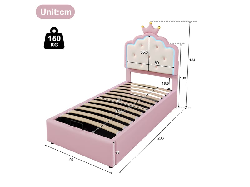  Lit enfant 90x200 cm rose avec sommier, éclairage led télécommandé et rangement hydraulique  - Conforama C