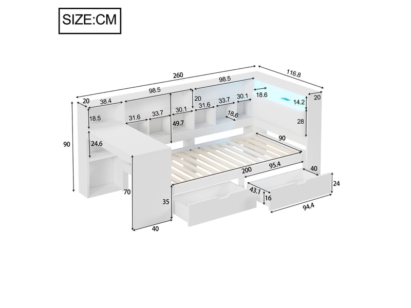 Lit 1 place 90x200 cm en l avec bureau, bibliothèque, tiroirs et éclairage led blanc - Conforama C