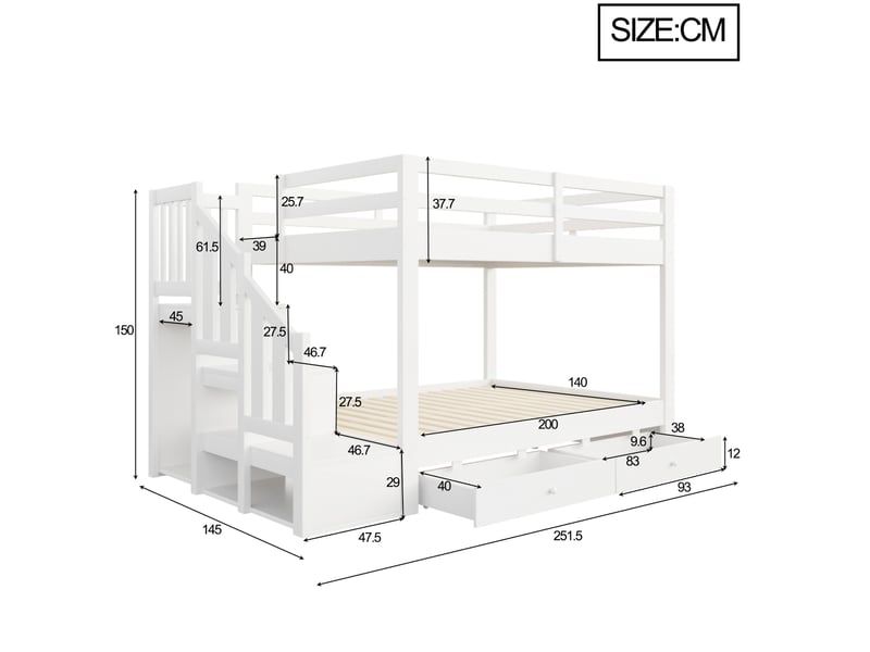 Lit superposé enfant 140x200 cm blanc bois, escalier de rangement, 2 tiroirs et sommiers à lattes inclus - Conforama C