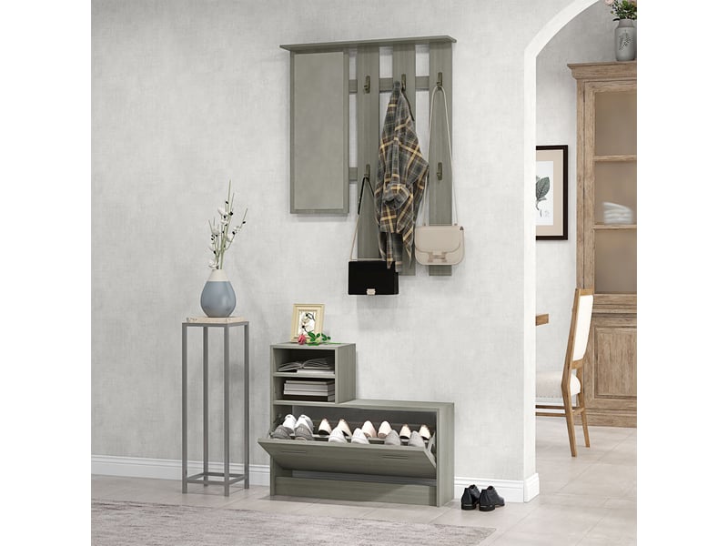  Ensemble de meubles d'entrée comprenant un porte-manteau, un miroir, un banc avec étagère et un meuble à chaussures pour 8 paires de chaussures, gris  - Conforama D
