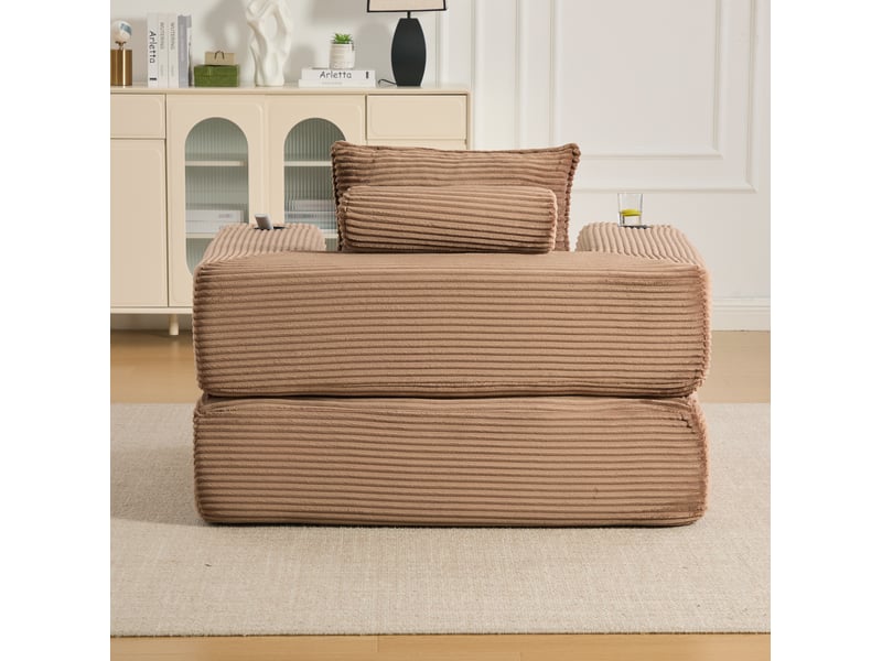  Canapé convertible modenvie 1 place en velours côtelé marron avec mousse, ressorts, rangements et porte-gobelet 122 x 98 x 80 cm  - Conforama E