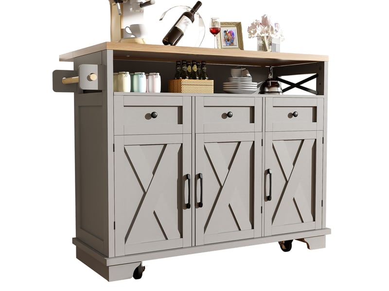  Desserte de cuisine 118x43 cm grise, plateau pliant, rangement modulable, séparateurs amovibles, porte-serviettes, avec roulettes  - Conforama A