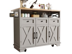 Desserte de cuisine 118x43 cm grise, plateau pliant, rangement modulable, séparateurs amovibles, porte-serviettes, avec roulettes