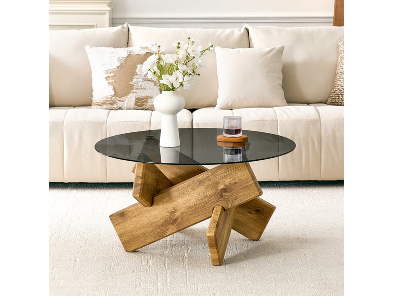 Table basse ronde avec plateau en verre trempé et piètement géométrique en mdf pour salon, bois clair ø 79 cm × h 45 cm  - Conforama B