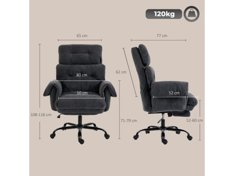 Chaise de bureau rembourrée à roulettes, dossier réglable, hauteur ajustable, acier gris foncé - Conforama C
