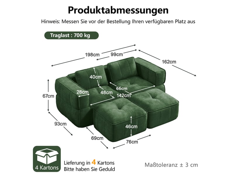 Canapé modulaire 2 places avec 2 poufs et assise profonde - lpospi - accoudoirs larges, polyester vert - Conforama D
