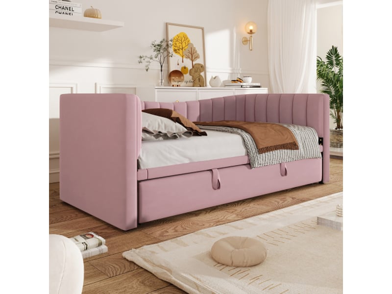  Lit gigogne 90x200 cm, lit enfant avec sommier à lattes, en velours rose, sans matelas  - Conforama B