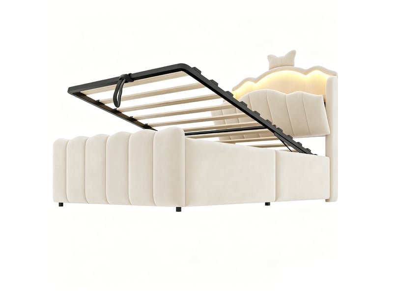  Lit d'enfant 90 x 200 cm, équipé de ports de recharge usb et usb-c, en velours, beige  - Conforama R