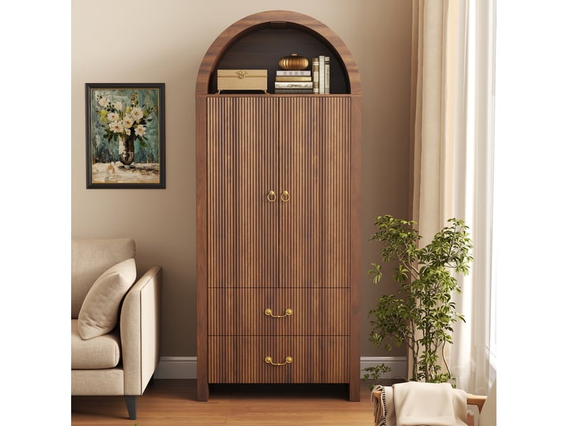  Buffet 76x38x180 cm, niche ouverte en arc, éclairage led, 2 portes et 2 tiroirs, mdf et panneau de particules, noyer  - Conforama D