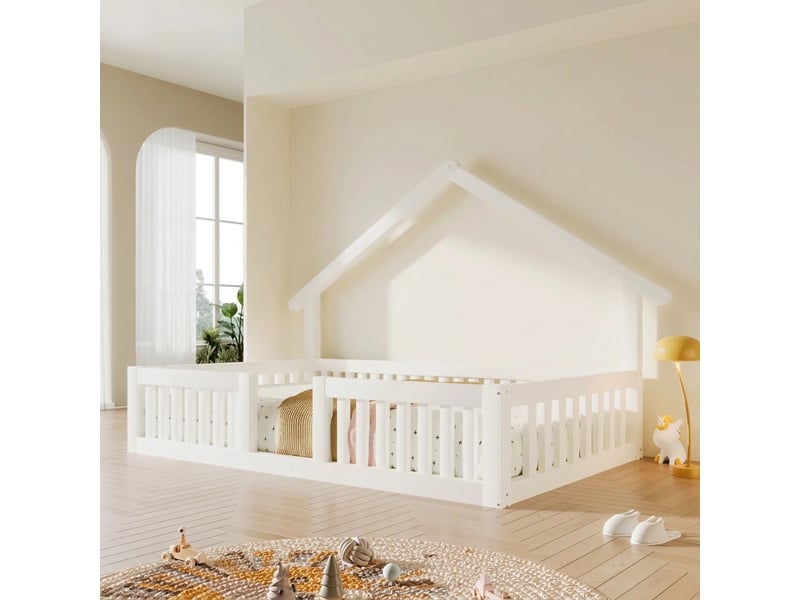  Lit cabane enfant 90x200 en bois avec barrière de sécurité et guirlande led, lit au sol blanc  - Conforama B