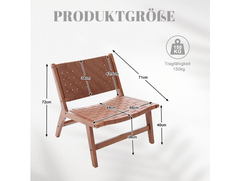  Fauteuil sans accoudoirs tressé à motif damier, assise basse compacte, cadre en bois et revêtement pu marron  - Conforama D