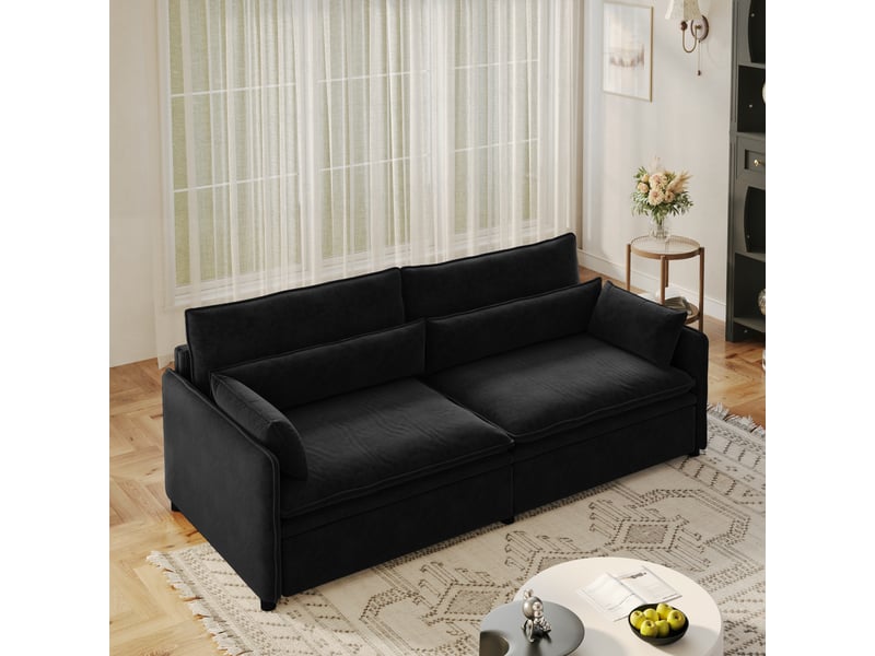 Canapé-lit convertible 3 en 1,206x91x86cm,canapé 3 places avec couchage extensible,coffre de rangement,tissu chenille,noir - Conforama B