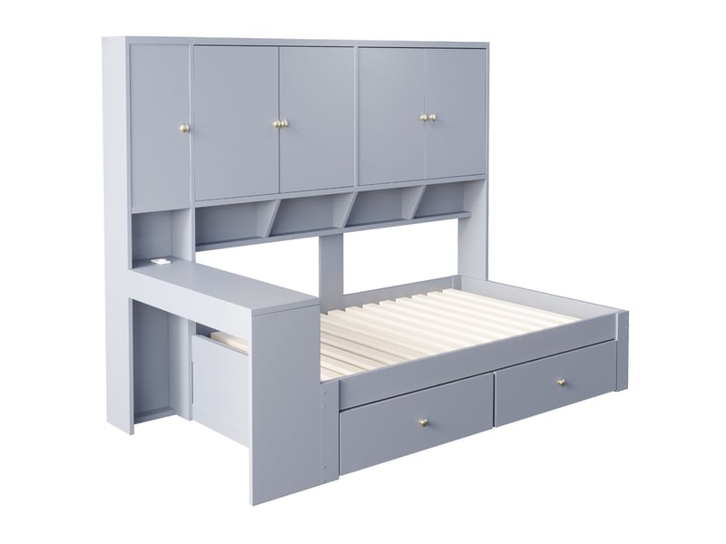 Lit combiné 90 x 200 cm gris en mdf, avec bureau intégré, rangements, led et prises électriques pour chambre - Conforama E