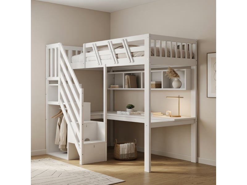 Gutenacht lit mezzanine bois 90x200cm, bureau, armoire, led, usb, blanc - Conforama C