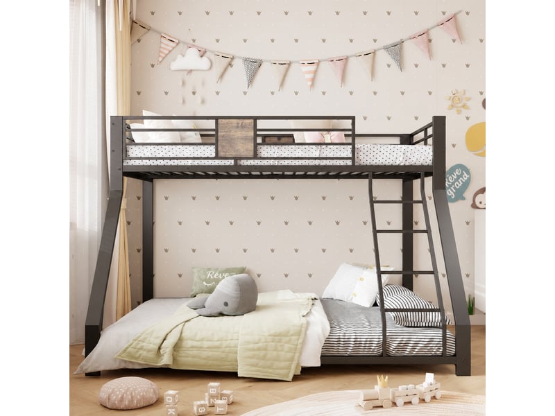 Lit superposé familial en métal noir 90x200 et 140x200 cm, échelle réversible et silencieux  - Conforama B