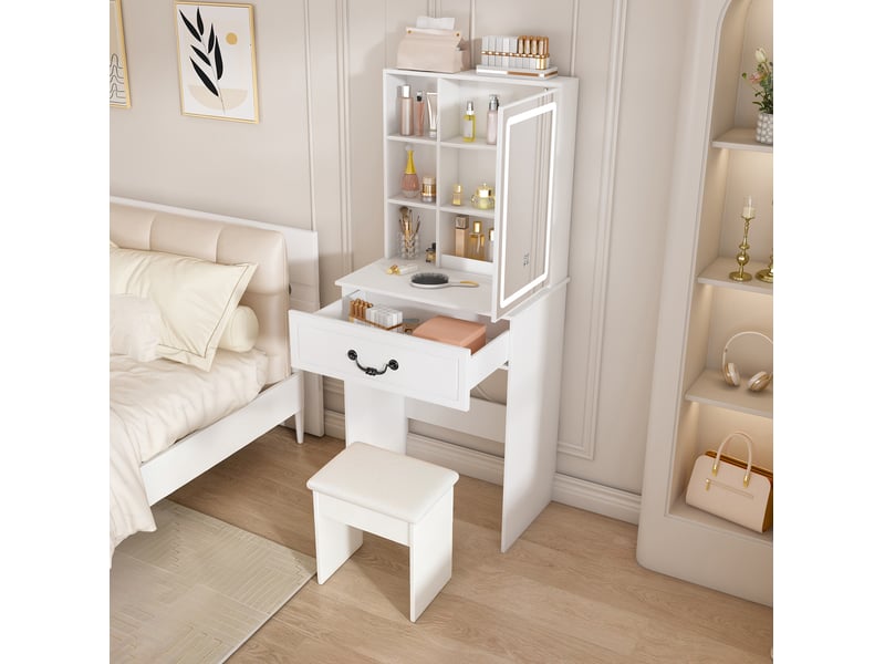  Coiffeuse 60x36x131,5 cm, miroir led et tabouret, table de maquillage compacte, meuble chambre, rangement, mdf blanc  - Conforama D
