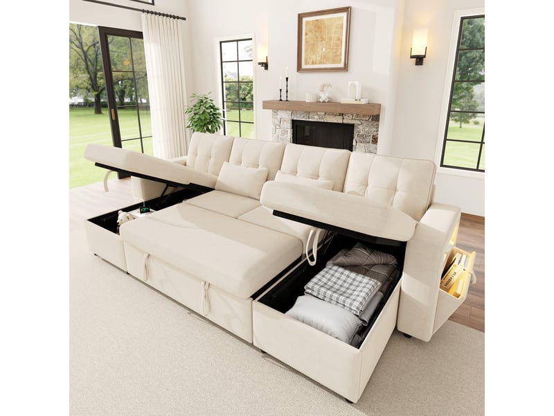 Canapé d'angle convertible 4 places 273x131x83 cm en chenille avec 2 méridiennes coffre, rangement, led, usb type-c - beige - Conforama E