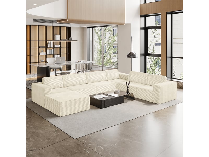 Canapé modulaire panoramique 7 places ouvert à gauche,velours côtelé,1 pouf,canapé compressé pour grand salon,404x303x82cm,beige 404x303x82CM - Conforama W