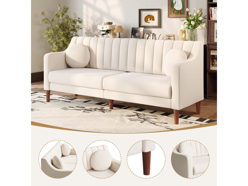 Grand canapé 3 places en velours avec 2 oreillers,pieds bois massif,canapé scandinave moderne pour salon bureau, 206x74x83cm, beige 206x74x83cm - Conforama R