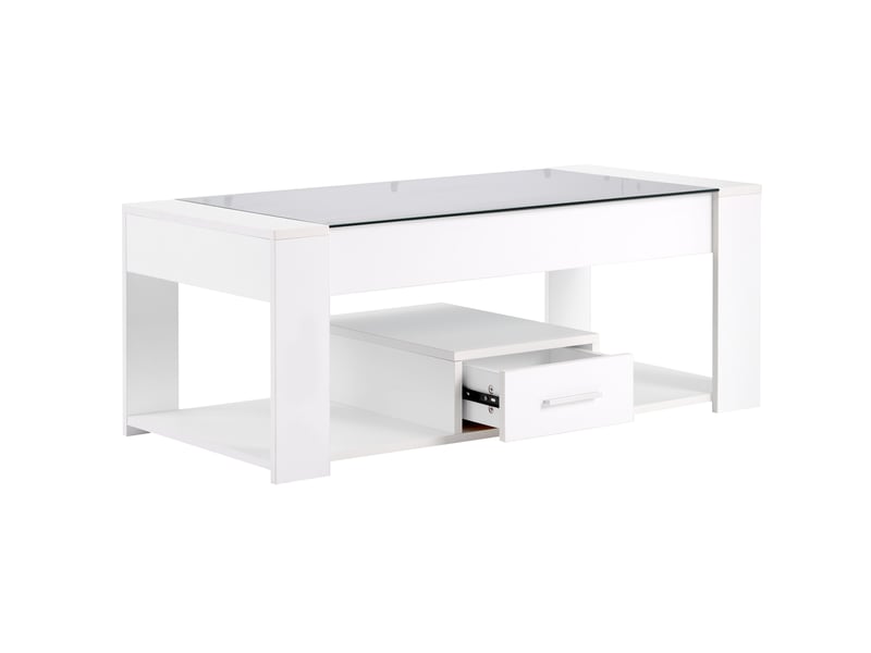  Table basse rectangulaire avec 2 tiroirs, 1 espace ouvert et plateau en verre, pour salon, 100 × 50 × 40 cm  - Conforama E