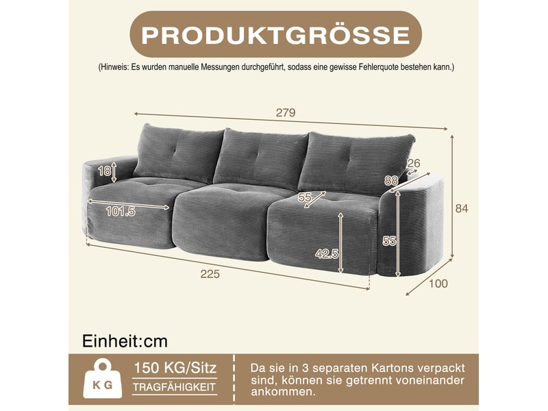  Canapé 3 places modulable 2+1 en velours côtelé gris anthracite evryae  - Conforama E