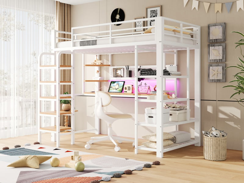  Lit mezzanine, 90 x 200 cm, avec panneau perforé, bureau avec prise électrique, éclairage led multicolore,blanc  - Conforama B