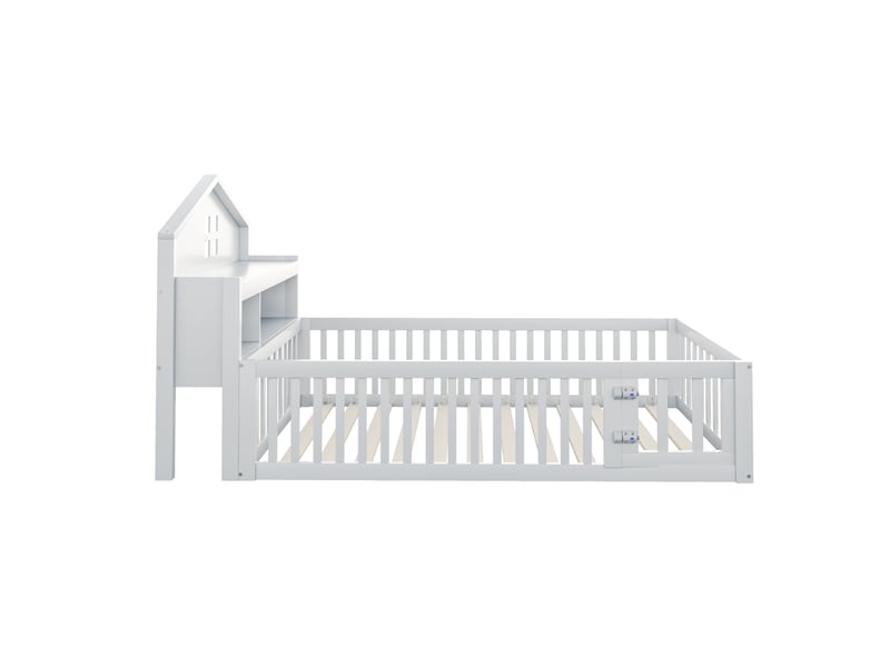  Lit enfant 90x200 cm avec étagère, tableau noir, garde-corps et sommier, forme de maison, bois blanc, sans matelas  - Conforama R