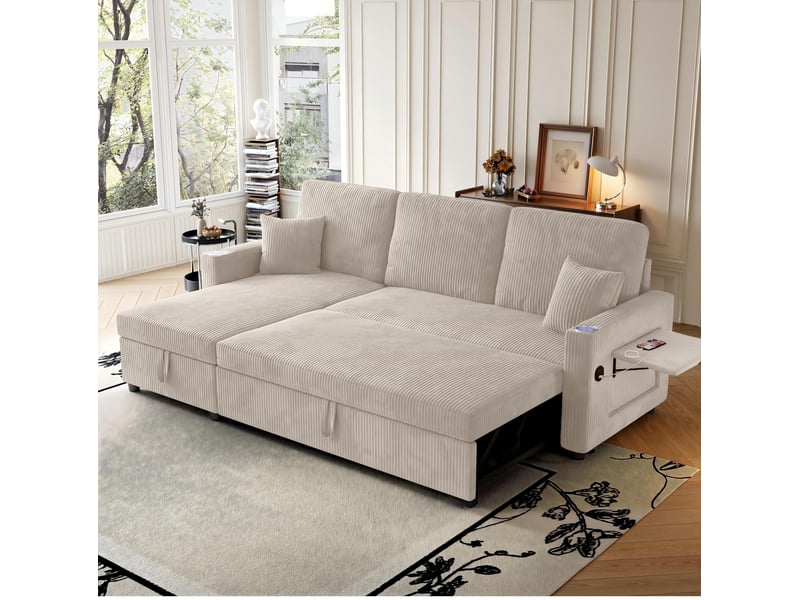 Canapé d’angle gauche convertible 3 places en velours côtelé beige avec rangement  - Conforama E