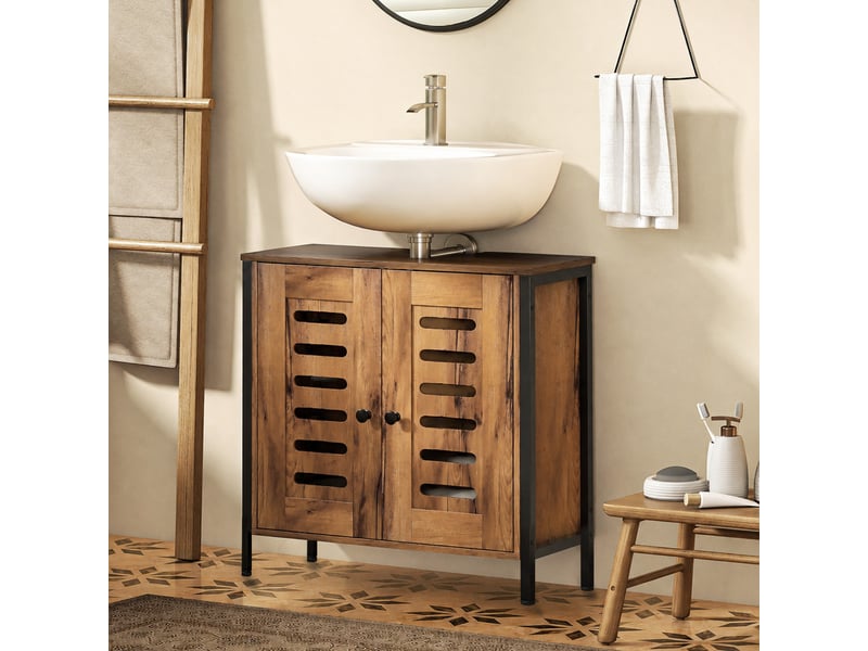  Meuble sous-évier industriel avec 2 portes à lattes à fermeture magnétique et étagère réglable, 60 x 30 x 60 cm, marron rustique  - Conforama D