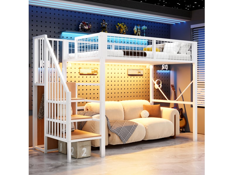 Lit mezzanine 90x200 cm avec rangement et éclairage led en métal blanc  - Conforama C