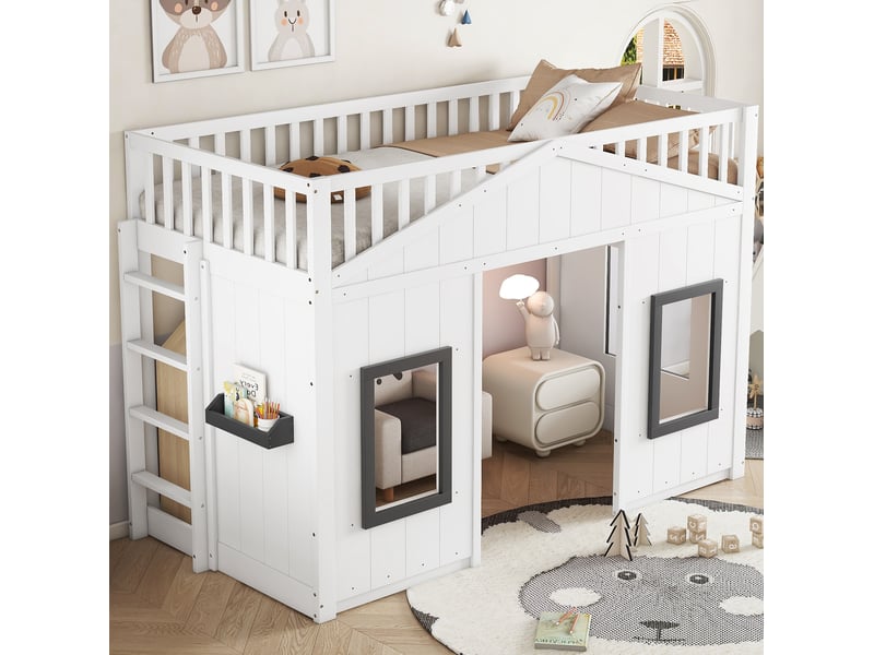  Lit superposé enfant 90 x 200 cm avec escalier, garde-corps, blanc et gris  - Conforama E