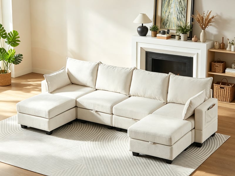  Canapé d’angle, en chenille, u pour salon, ottomane coffre, 6 places et méridienne, 87,6x289,6x141 cm, beige  - Conforama B