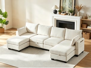Canapé d'angle réversible fixe <strong>BGSRYAO</strong> <strong></strong> 6 places Tissu beige avec coffre de rangement