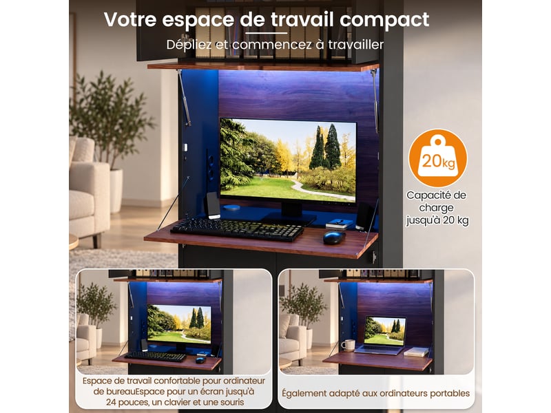  Secrétaire 80x40x180cm avec bureau rabattable, rangements pour dossiers, éclairage LED, niche pour animal et griffoir, finition noir antique  - Conforama E