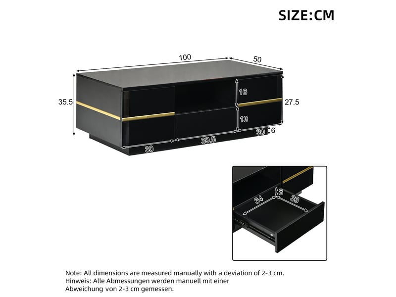  Table basse 100 x 50 x 35,5 cm noire en mdf, led, 2 portes, tiroir, rangement ouvert, accents dorés  - Conforama C
