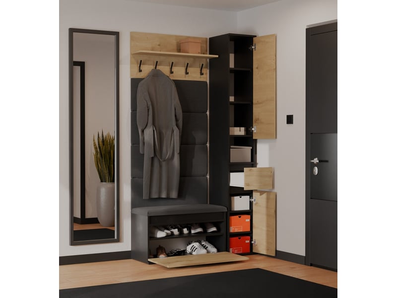  Lior - Meuble d'entrée - armoire avec siège et penderie - 110x202,5x35 cm – Chêne artisan / Noir  - Conforama B
